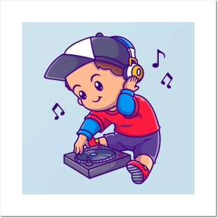 Cute Boy Playing DJ Music Cartoon Posters and Art